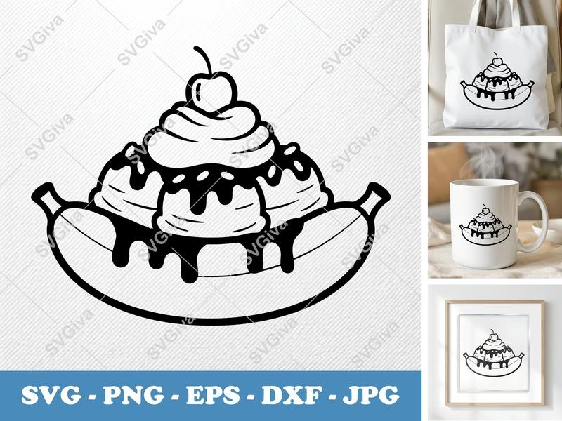 Banana Split SVG | Ice Cream Sundae | Cherry Topping | PNG EPS DXF | Cricut Silhouette File | Dessert Food Art