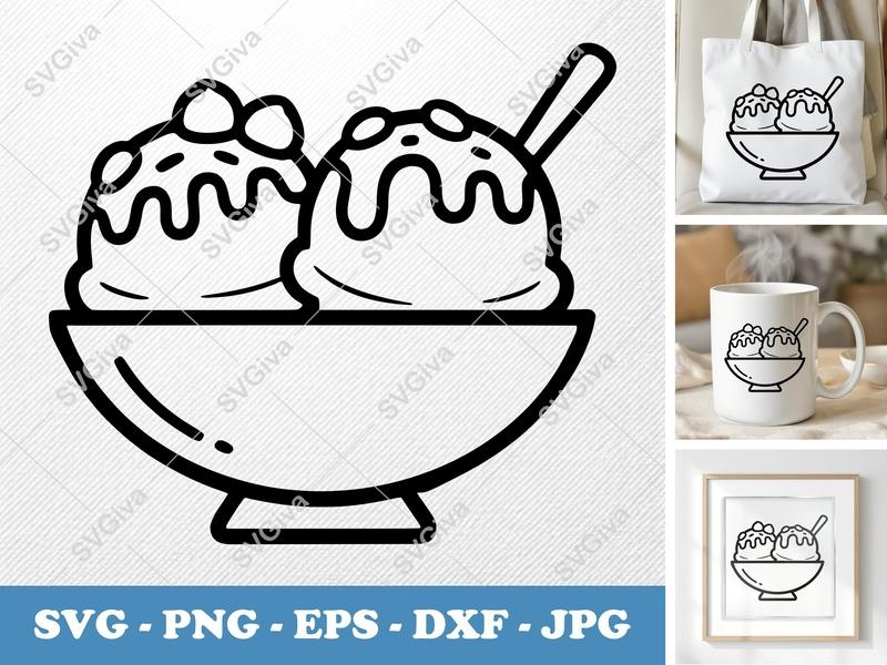 Banana Split SVG | Ice Cream Sundae Outline | Modern Dessert Clipart | PNG EPS DXF for Cricut Silhouette