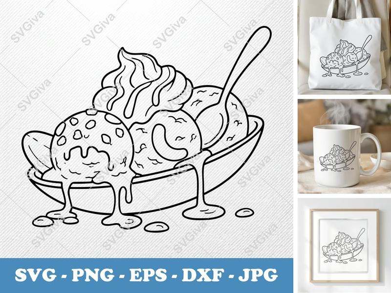 Banana Split SVG | Ice Cream Sundae Spoon Cut File | Dessert Treat PNG EPS DXF for Cricut & Silhouette
