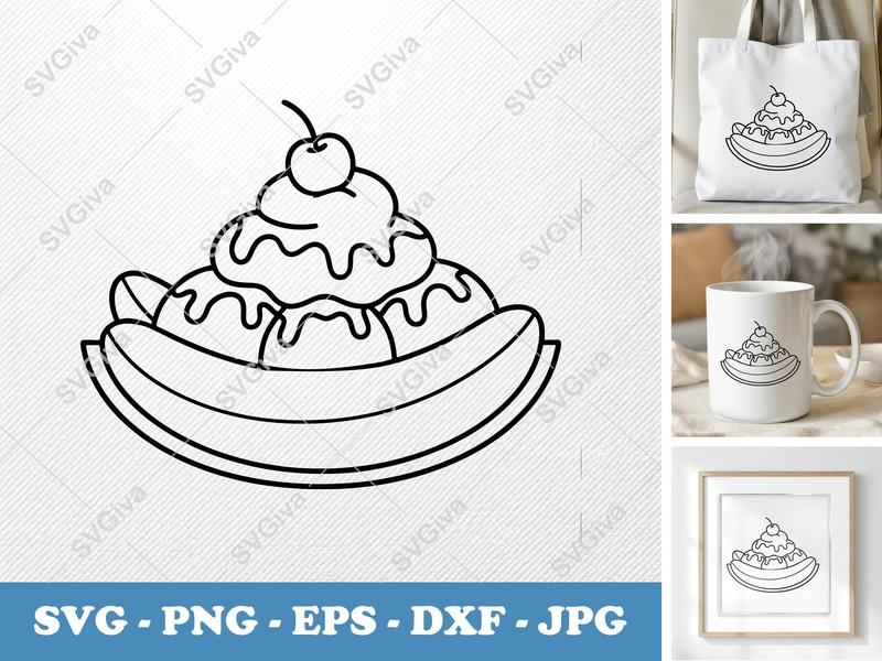 Banana Split SVG | Modern Ice Cream Sundae with Cherry | PNG EPS DXF Cut File for Cricut & Silhouette