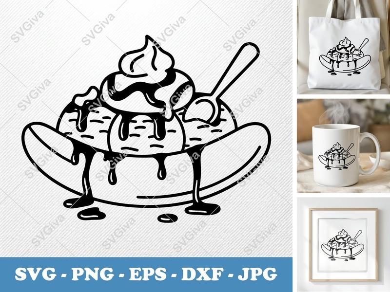 Banana Split SVG | Modern Ice Cream Sundae with Spoon | PNG EPS DXF for Cricut & Silhouette | Dessert Food Clip Art