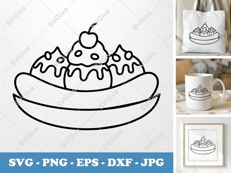 Banana Split SVG | Outline Ice Cream Dessert Cut File | Modern Food PNG, EPS, DXF for Cricut, Silhouette, Shirt, Decal