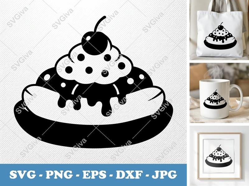 Banana Split SVG | Puffy Soft Shapes | Inflated Dessert Cut File | PNG DXF EPS | Cricut Silhouette Design