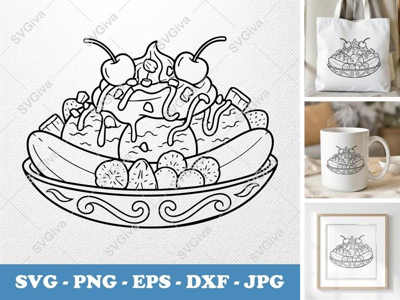 Banana Split with Garnish SVG | Friendly, Rounded Bean-Shaped Forms | PNG DXF EPS | Cricut Silhouette File