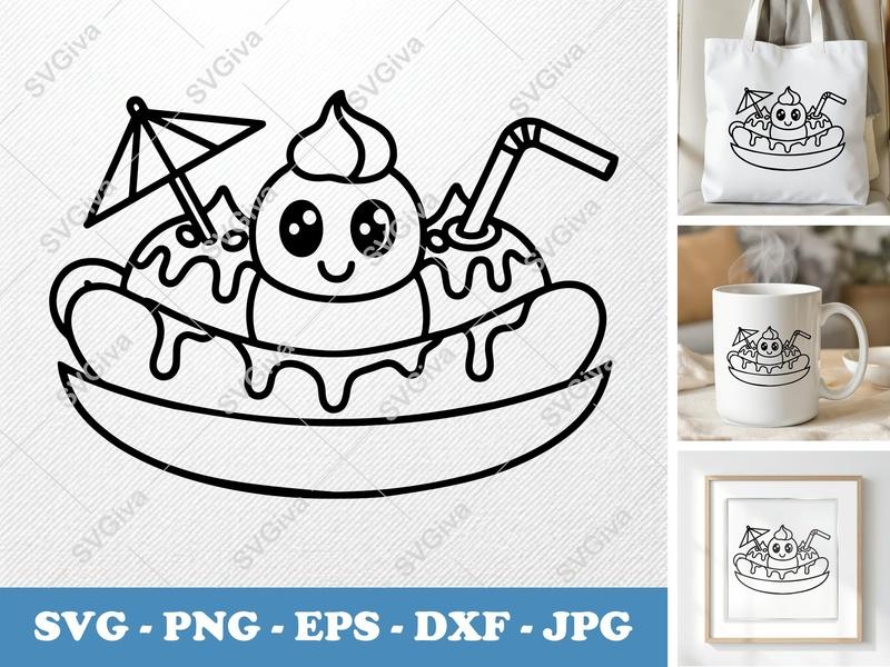 Banana Split with Smiling Face SVG | Friendly Bean-Shaped Forms | PNG DXF EPS | Cricut Silhouette File