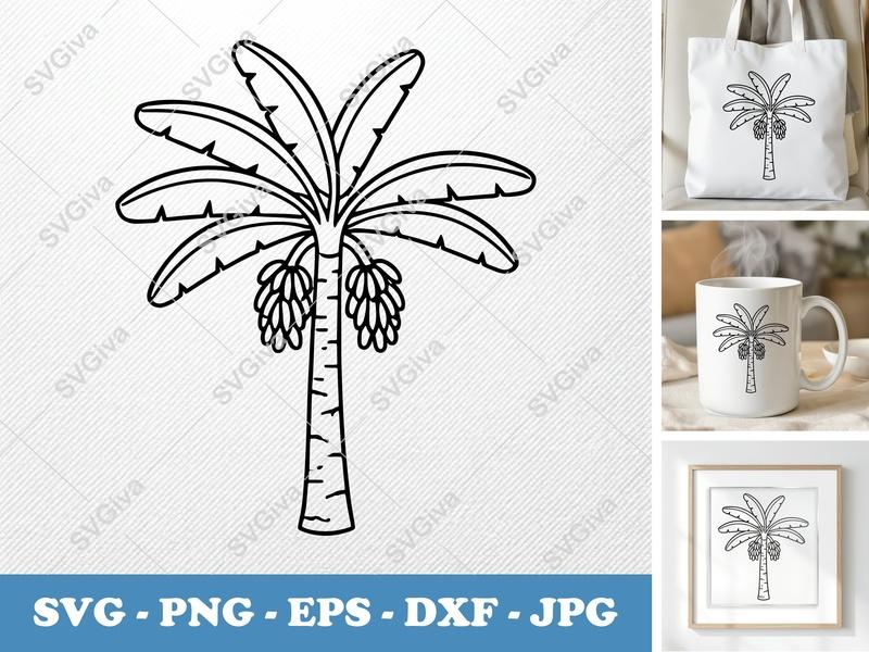 Banana Tree alone SVG Double Outline Cut File, Tropical Plant PNG EPS DXF for Cricut & Silhouette, Fruit Tree Clipart
