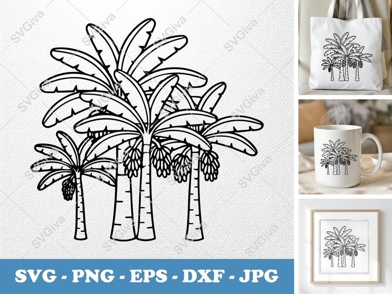 Banana Tree in a group SVG, Double Outline Look, Tropical Plant, Fruit Tree PNG EPS DXF for Cricut Silhouette Cutting Machines
