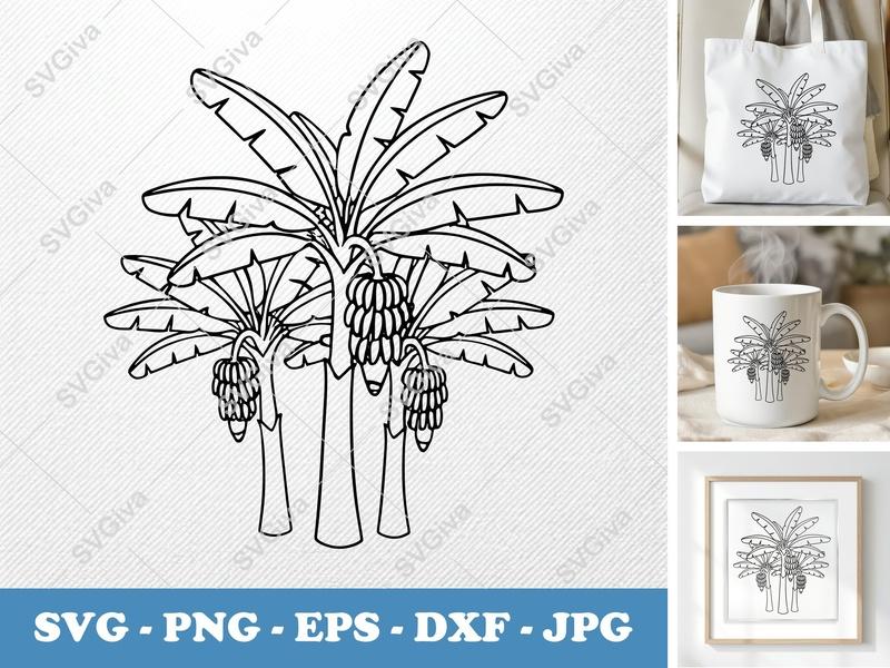Banana Tree in a group SVG, Tropical Plant Clipart, Outline Vector, PNG EPS DXF for Cricut Silhouette, Nature Cut File