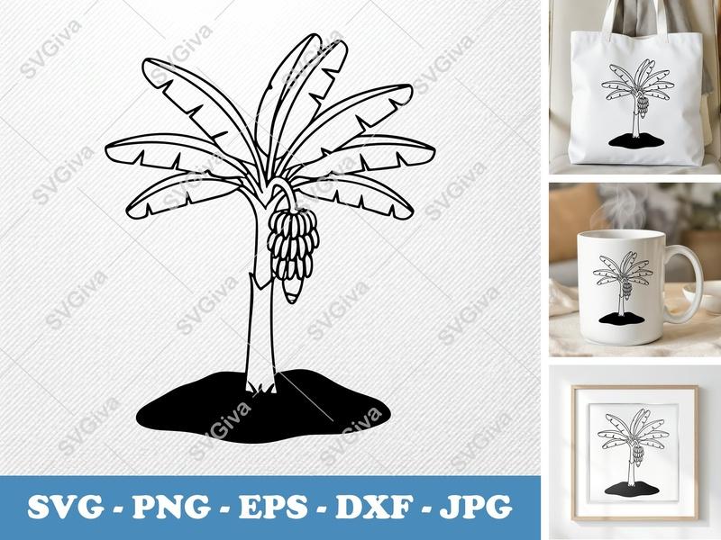Banana Tree on a piece of land SVG | Bold Cut File, Fruit Nature Clipart, PNG EPS DXF for Cricut Silhouette