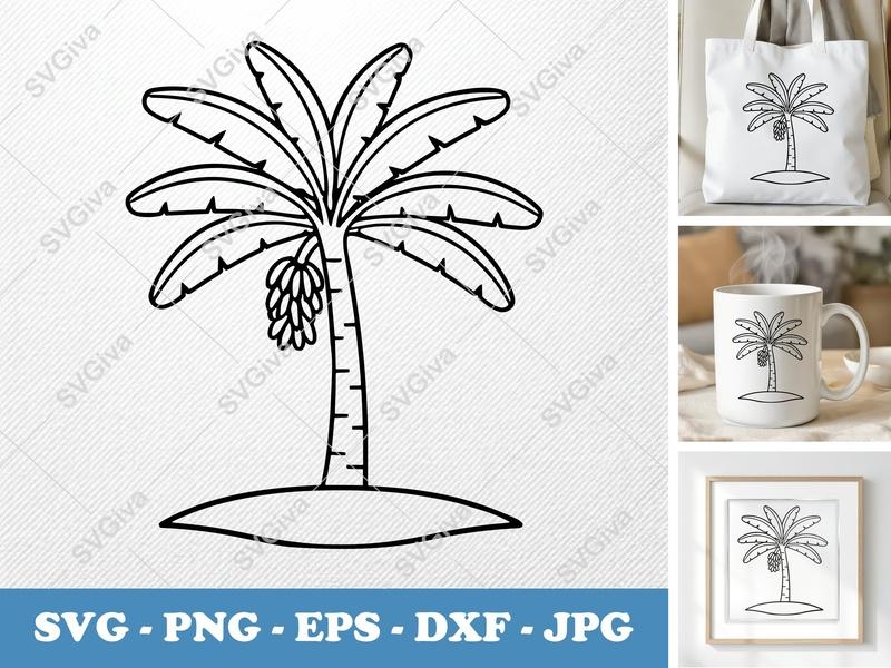 Banana Tree on a piece of land SVG | Double Outline Plant Cut File | Nature Clipart PNG DXF EPS for Cricut Silhouette