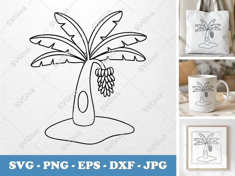 Banana Tree on a piece of land SVG, Rounded Body, Friendly Bean Shape, Outline, PNG EPS DXF for Cricut & Silhouette