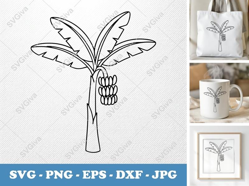 Banana Tree SVG | Modern Clean Design, Tropical Plant PNG EPS DXF for Cricut & Silhouette, Fruit Outline Cut File