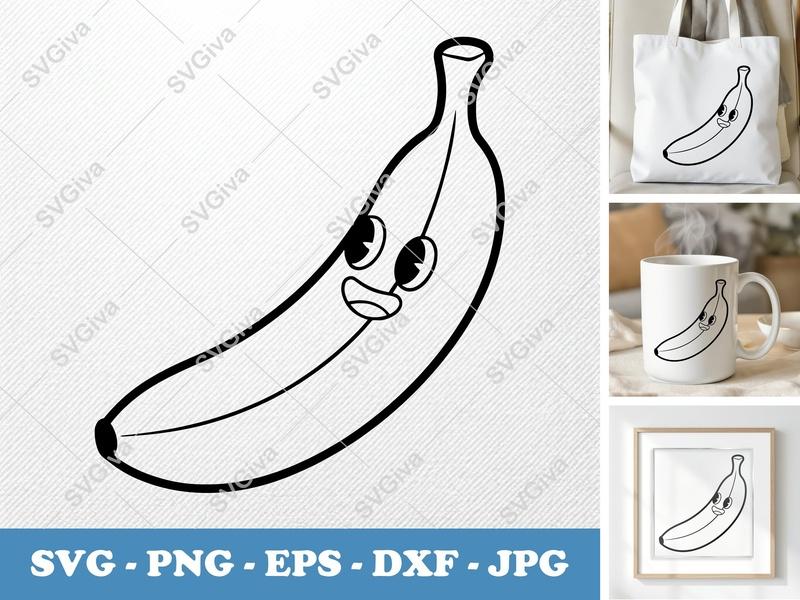 Banana with Smiling Face SVG | Fruit Cut File PNG DXF EPS Cricut Silhouette Design