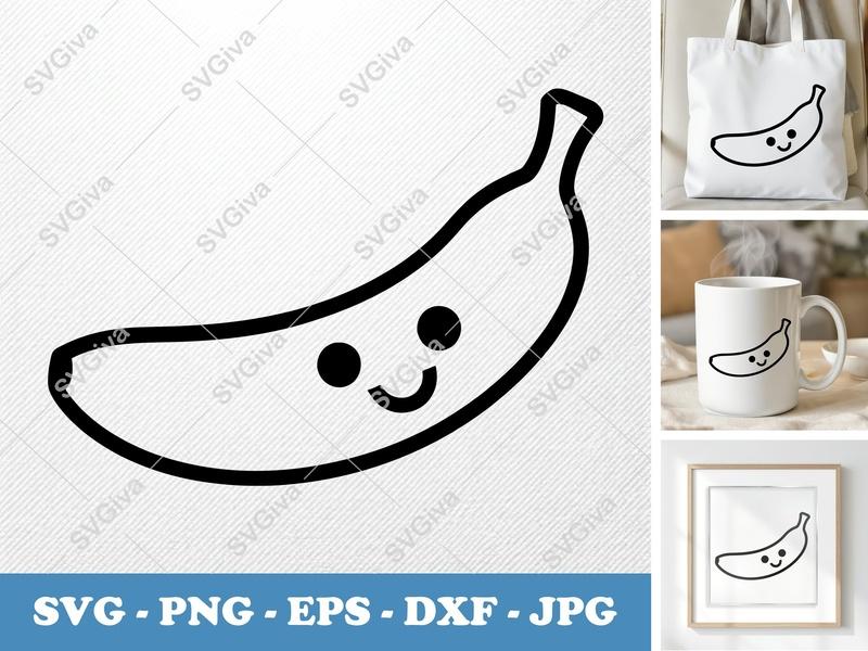Banana with Smiling Face SVG PNG DXF EPS | Fruit Cricut Silhouette Outline Cut File