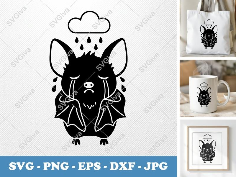 Bat Crying SVG, Sad Bat PNG EPS DXF | Halloween Spooky Cute Kawaii Cut File for Cricut, Silhouette
