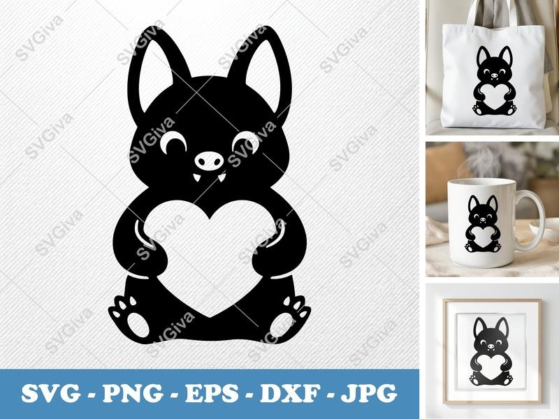 Bat Holding Heart SVG | Puffy Soft Kawaii Design | PNG DXF EPS | Cricut Silhouette File