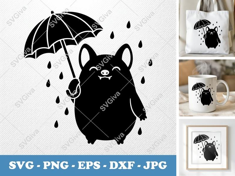 Bat Holding Umbrella SVG | Puffy Cartoon Critter | PNG DXF EPS | Cricut Silhouette File