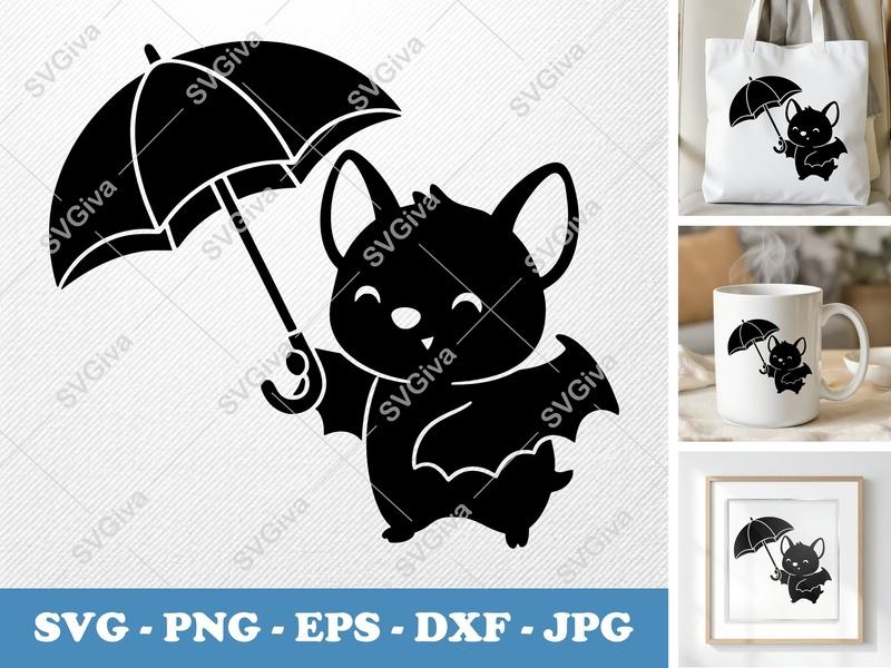 Bat Holding Umbrella SVG | Puffy Soft Shapes | SVG, PNG, DXF, EPS | Cricut & Silhouette File