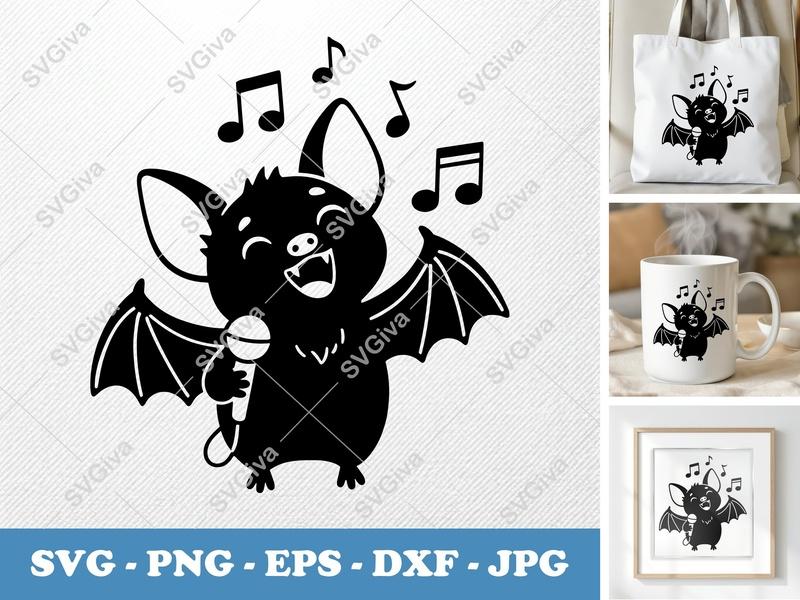 Bat Singing SVG, Cute Bat with Microphone PNG EPS DXF | Halloween Cricut Cut File, Music Animal Silhouette Design