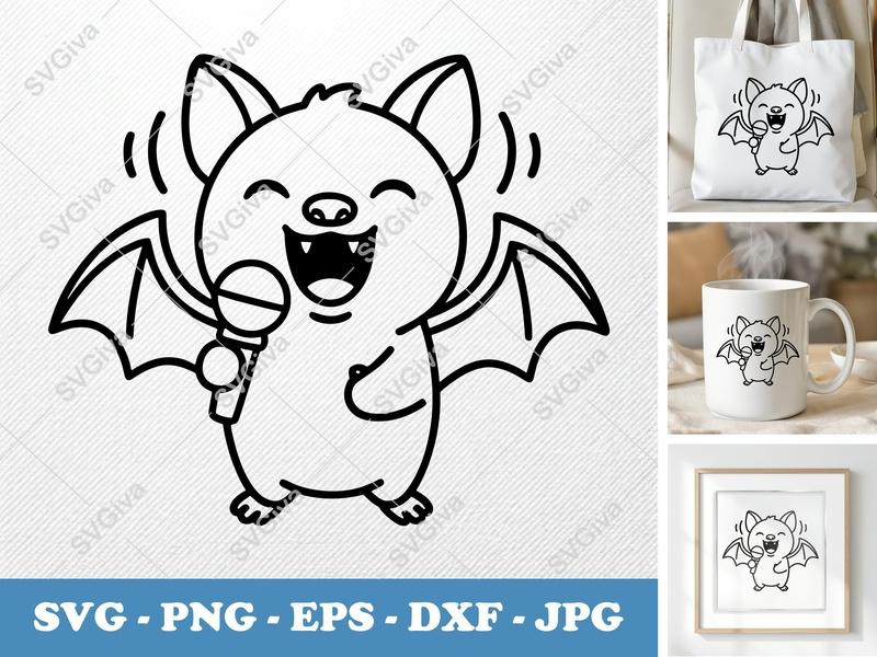 Bat Singing SVG | Friendly Rounded Body Bean Shape Cut File | PNG DXF EPS for Cricut Silhouette