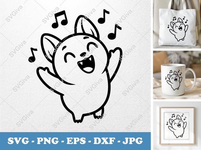 Bat Singing SVG | Puffy Cartoon DXF EPS PNG | Cricut Silhouette | Cute Halloween Animal Vector
