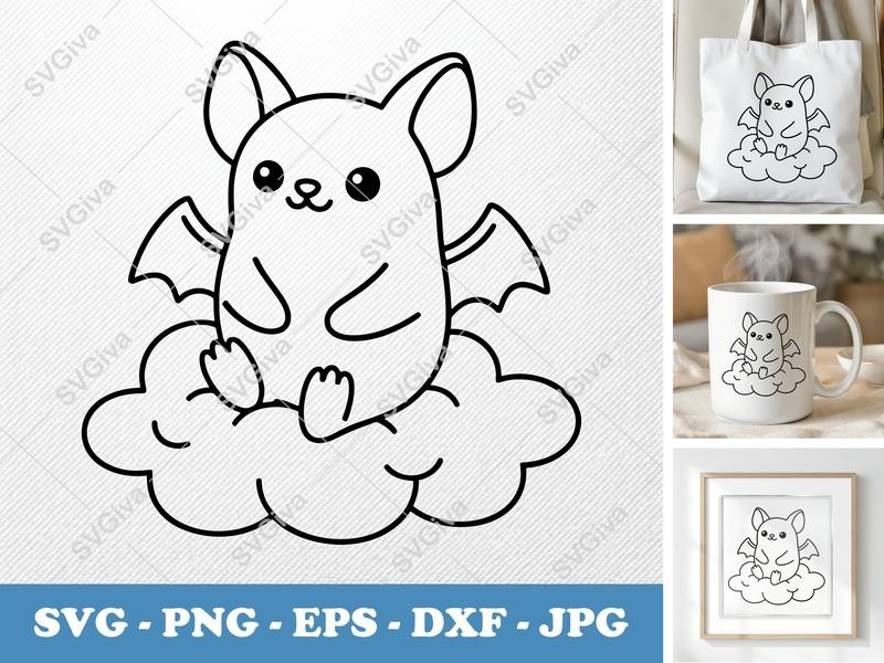 Bat Sitting on Cloud SVG | Friendly Kawaii Rounded Bean Shape | PNG DXF EPS | Cricut Silhouette Cut File