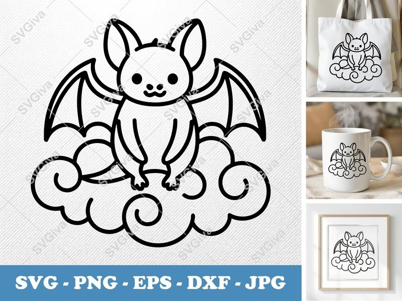 Bat Sitting on Cloud SVG | Minimalist Character Design | Bold Black Contour, Clean White Fill | PNG DXF EPS | Cricut Silhouette File