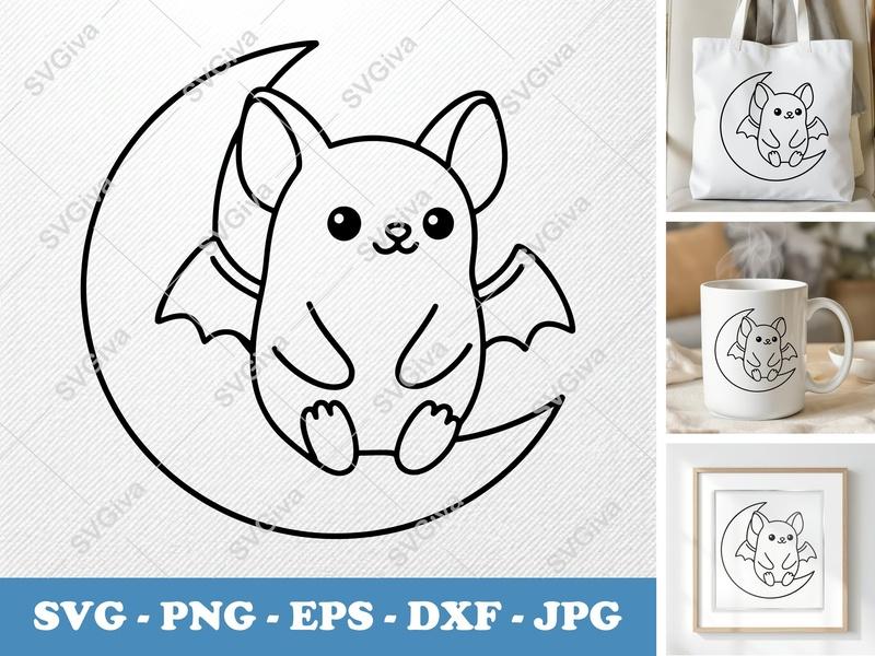 Bat Sitting on Moon SVG | Friendly Kawaii Bean-Shaped Cut File | PNG DXF EPS for Cricut Silhouette