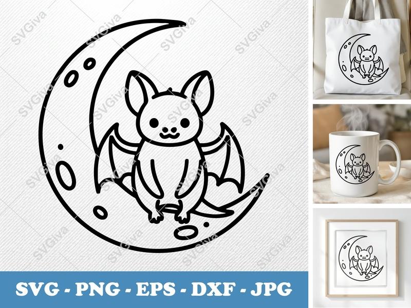 Bat Sitting on Moon SVG | Minimalist Cartoon Vector | Bold Black Outline, Clean Fill | PNG DXF EPS for Cricut Silhouette