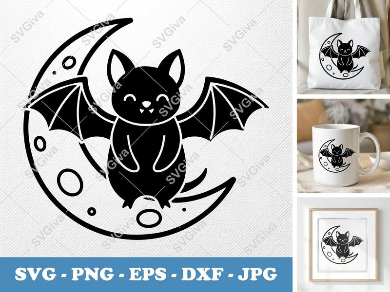 Bat Sitting on Moon SVG | Minimalist Double-Outline Design, Clean Shapes | PNG DXF EPS | Cricut Silhouette File
