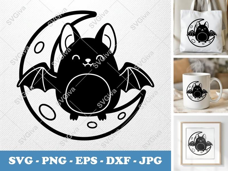 Bat Sitting on Moon SVG | Puffy Soft Kawaii Vector | PNG DXF EPS | Cricut Silhouette File