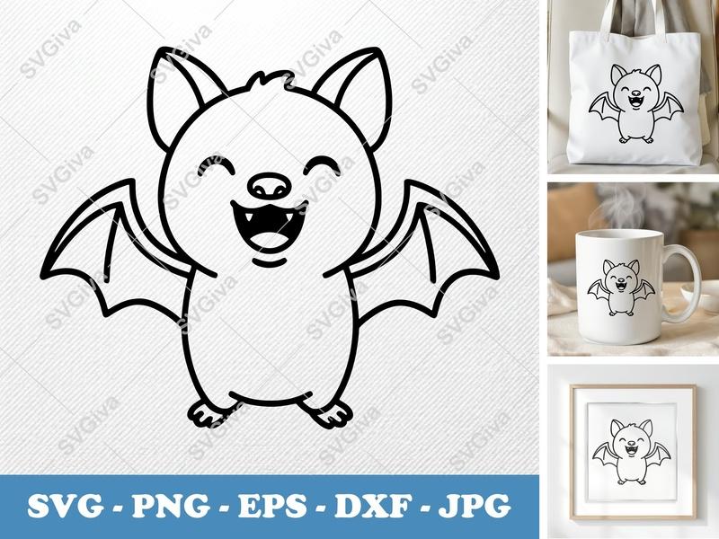Bat Smiling Happily SVG | Friendly Bean-Shaped Bat | Rounded Body Vector | PNG DXF EPS for Cricut Silhouette
