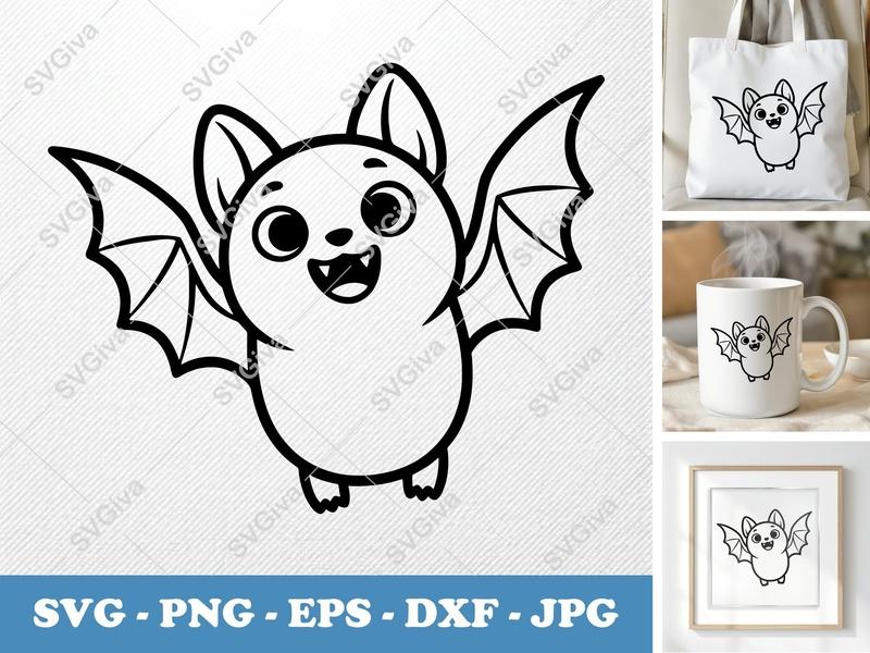 Bat Smiling Happily SVG | Puffy Inflated Soft Shapes PNG DXF EPS | Cricut Silhouette File