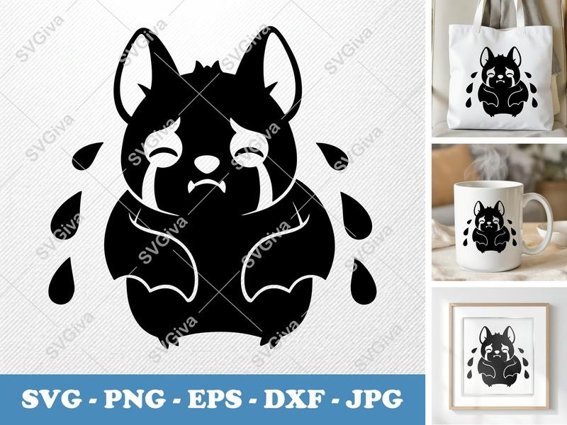 Bat SVG Crying Bat Cut File | Sad Bat Silhouette, Halloween Animal Vector | PNG EPS DXF for Cricut, Silhouette
