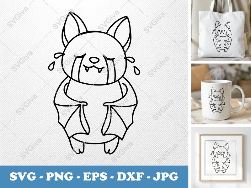 Bat SVG Crying Cute Design | Modern Halloween Bat | PNG EPS DXF | Cricut Silhouette Cut File
