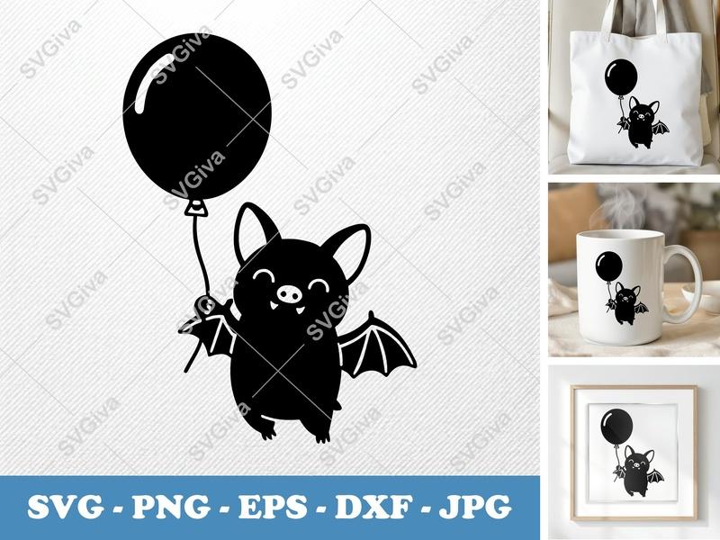 Bat SVG Cute Balloon, Flying Bat, Cartoon Animal, Halloween Bat PNG EPS DXF | Cricut Silhouette File