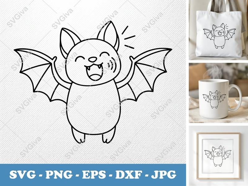 Bat SVG, Cute Bat Clip Art, Happy Flying Bat, Halloween Animal PNG EPS DXF for Cricut, Silhouette, Kids Crafts