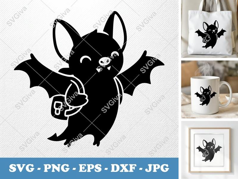 Bat SVG, Cute Bat with Backpack Cut File, Halloween Bat PNG EPS DXF for Cricut, Silhouette, Spooky Season Clipart