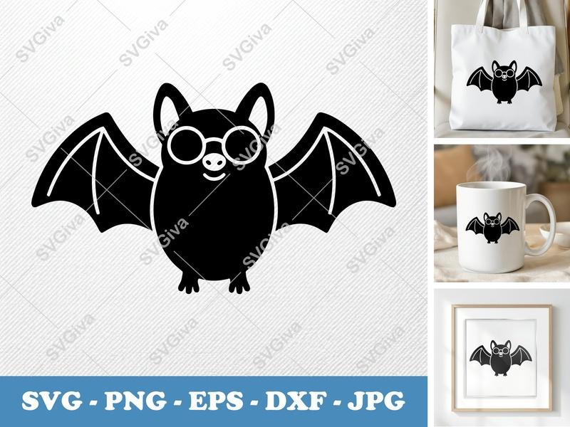 Bat SVG | Cute Bat with Glasses PNG EPS DXF | Halloween Animal Clipart for Cricut & Silhouette | Modern Clean Design