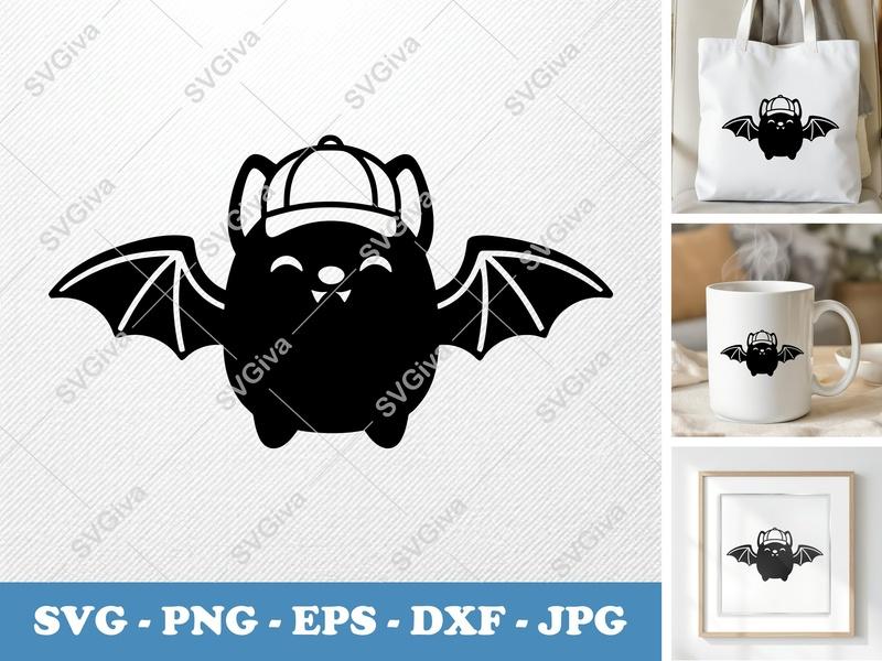 Bat SVG | Cute Bat with Hat Cut File | Halloween Kawaii Bat Clipart | PNG EPS DXF for Cricut & Silhouette