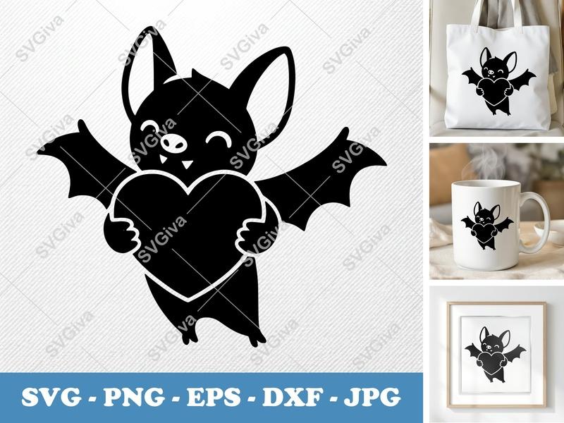 Bat SVG, Cute Bat with Heart Design | PNG EPS DXF files for Cricut, Silhouette, Halloween & Love Crafts