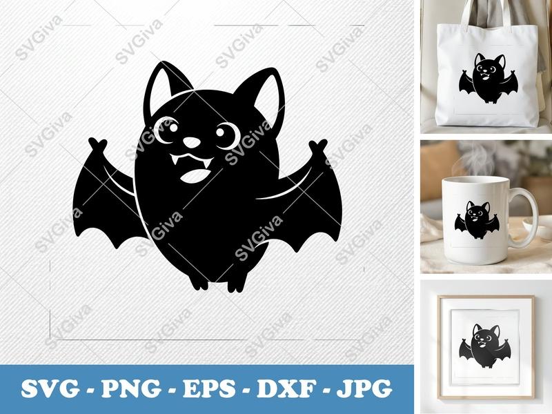 Bat SVG Cute Cartoon, Halloween Vampire Bat Cut File | PNG EPS DXF for Cricut, Silhouette, Spooky Craft