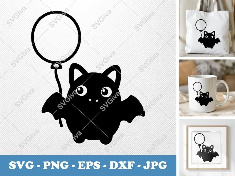 Bat SVG Cute Cartoon with Balloon | Halloween Animal PNG EPS DXF | Cricut Silhouette Cut File, Kids Craft, Spooky Decor