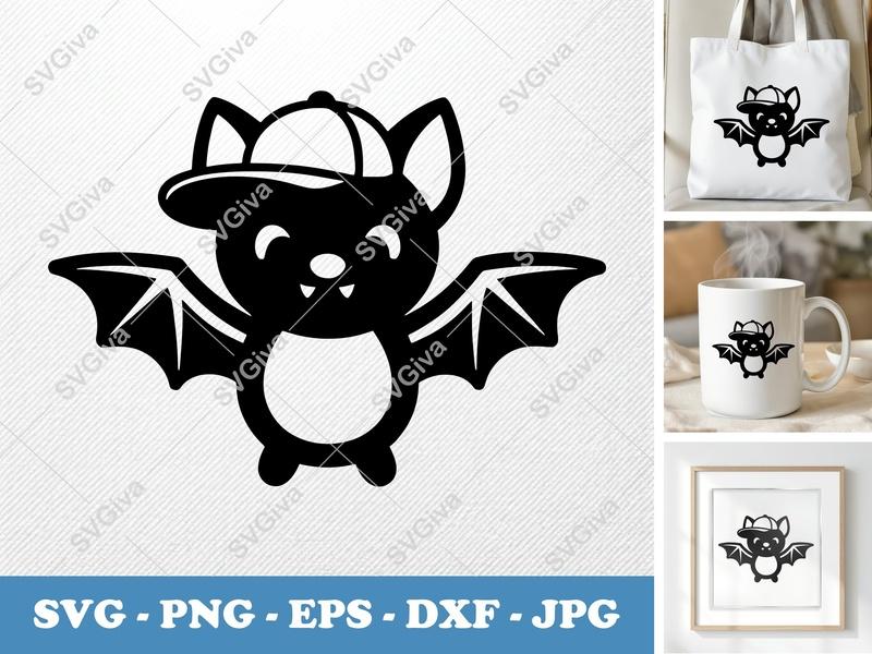 Bat SVG Cute Cartoon with Baseball Cap | PNG EPS DXF | Cricut Silhouette File | Halloween Clip Art