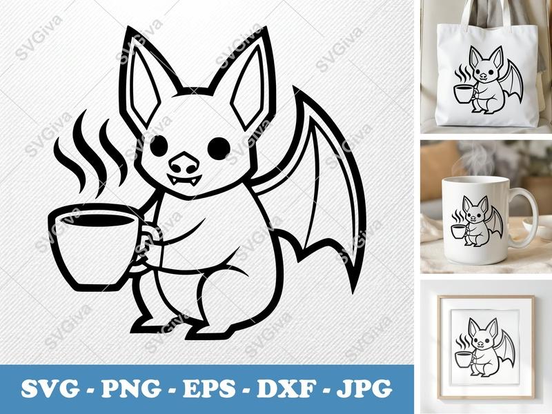 Bat SVG Cute Coffee Bat Line Art, Modern Halloween Design | PNG EPS DXF | Cricut & Silhouette Cut File