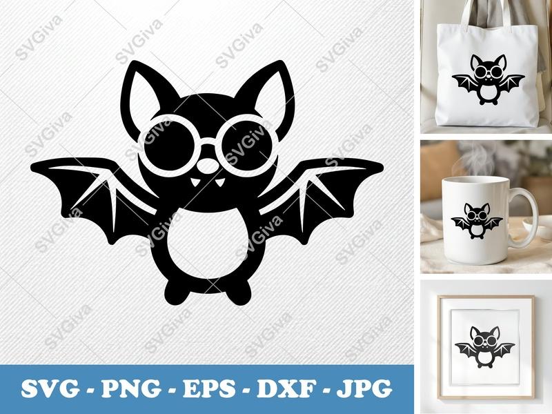 Bat SVG Cute Glasses | Halloween Cut File, Modern Animal Clip Art PNG EPS DXF for Cricut & Silhouette
