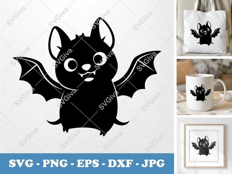 Bat SVG Cute Halloween Animal Cut File | Modern Cartoon Vampire PNG EPS DXF for Cricut, Silhouette