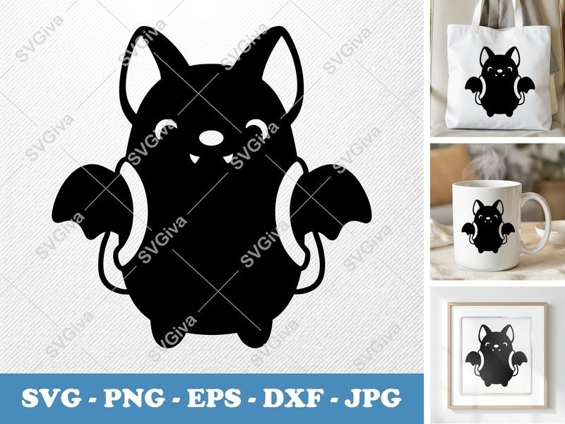 Bat SVG Cute Halloween Cut File | Friendly Vampire Bat PNG EPS DXF | Cricut Silhouette Design | Modern Spooky Animal Vector