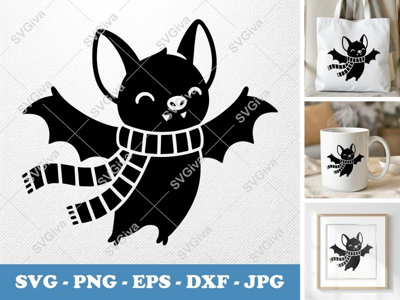 Bat SVG Cute Halloween Scarf Bat | PNG EPS DXF Cut File for Cricut Silhouette, Adorable Spooky Vector Animal Design