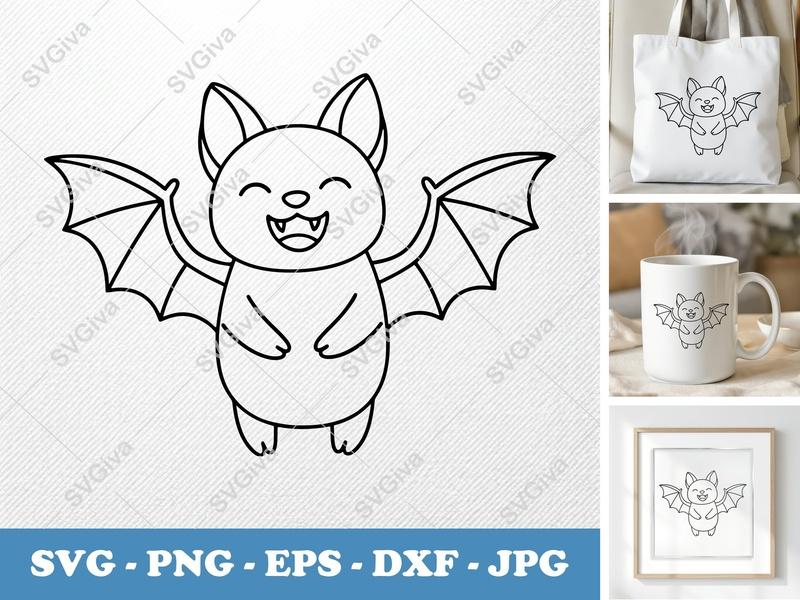 Bat SVG Cute Happy Smiling Line Art, Halloween Bat PNG EPS DXF, Cricut Silhouette Cut File, Kids Craft Design